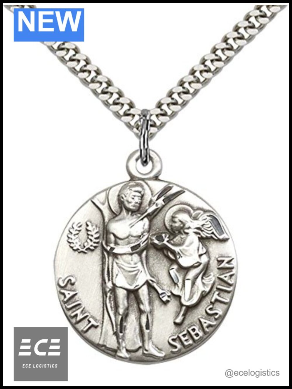 Sterling Silver St Sebastian Pendant Necklace 24" Stainless Curb Chain